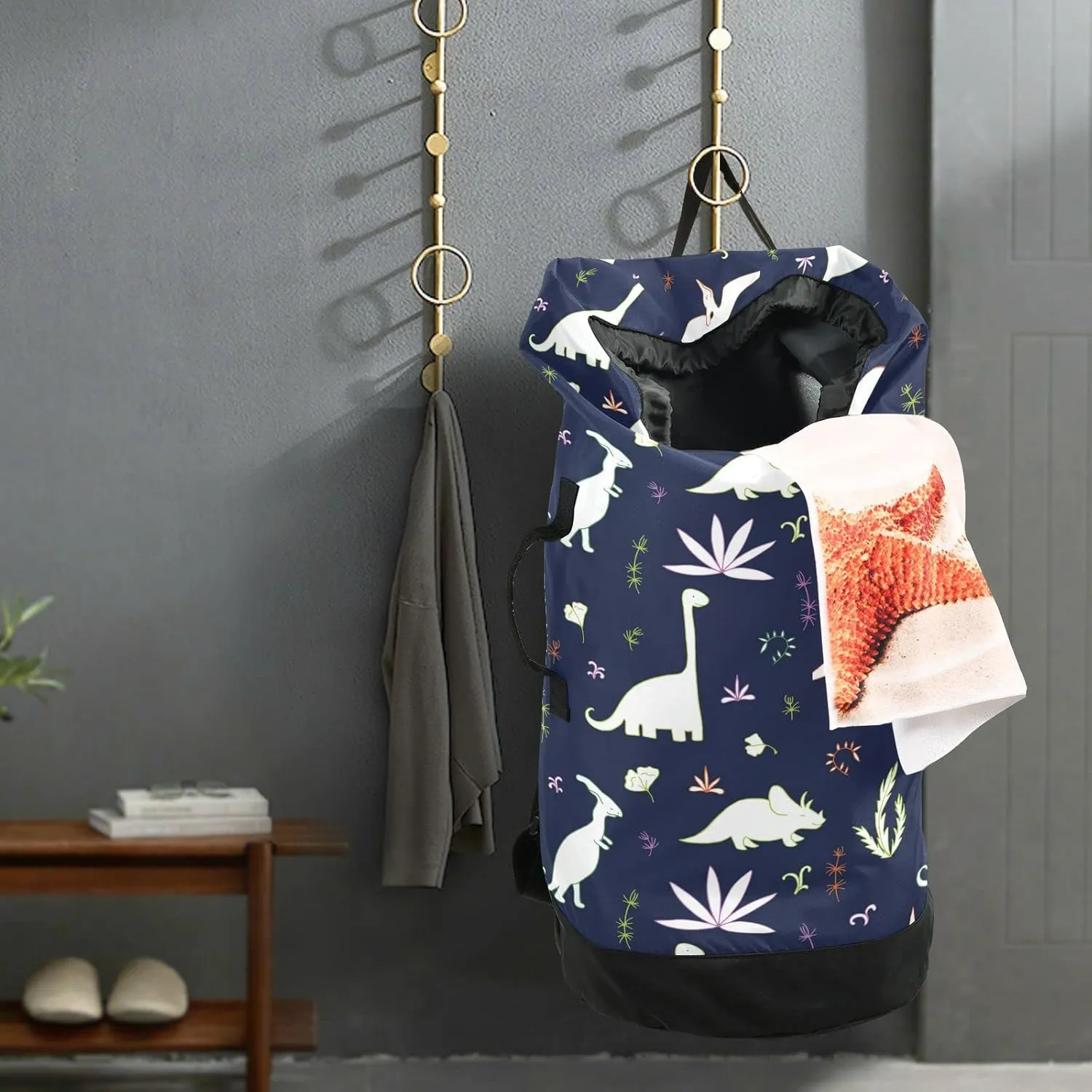 Oyihfvs Seamless White Fern Leaves, Bushes and Dinosaurs on Dark Backpack Laundry Bag, Laundry Backpack with Shoulder Straps, Waterproof Nylon Clothes Hamper Bag for Men Women Yoga Backpack