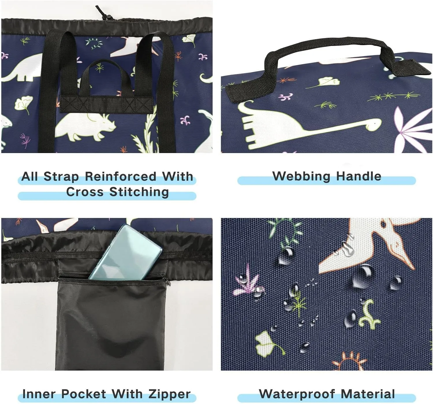 Oyihfvs Seamless White Fern Leaves, Bushes and Dinosaurs on Dark Backpack Laundry Bag, Laundry Backpack with Shoulder Straps, Waterproof Nylon Clothes Hamper Bag for Men Women Yoga Backpack