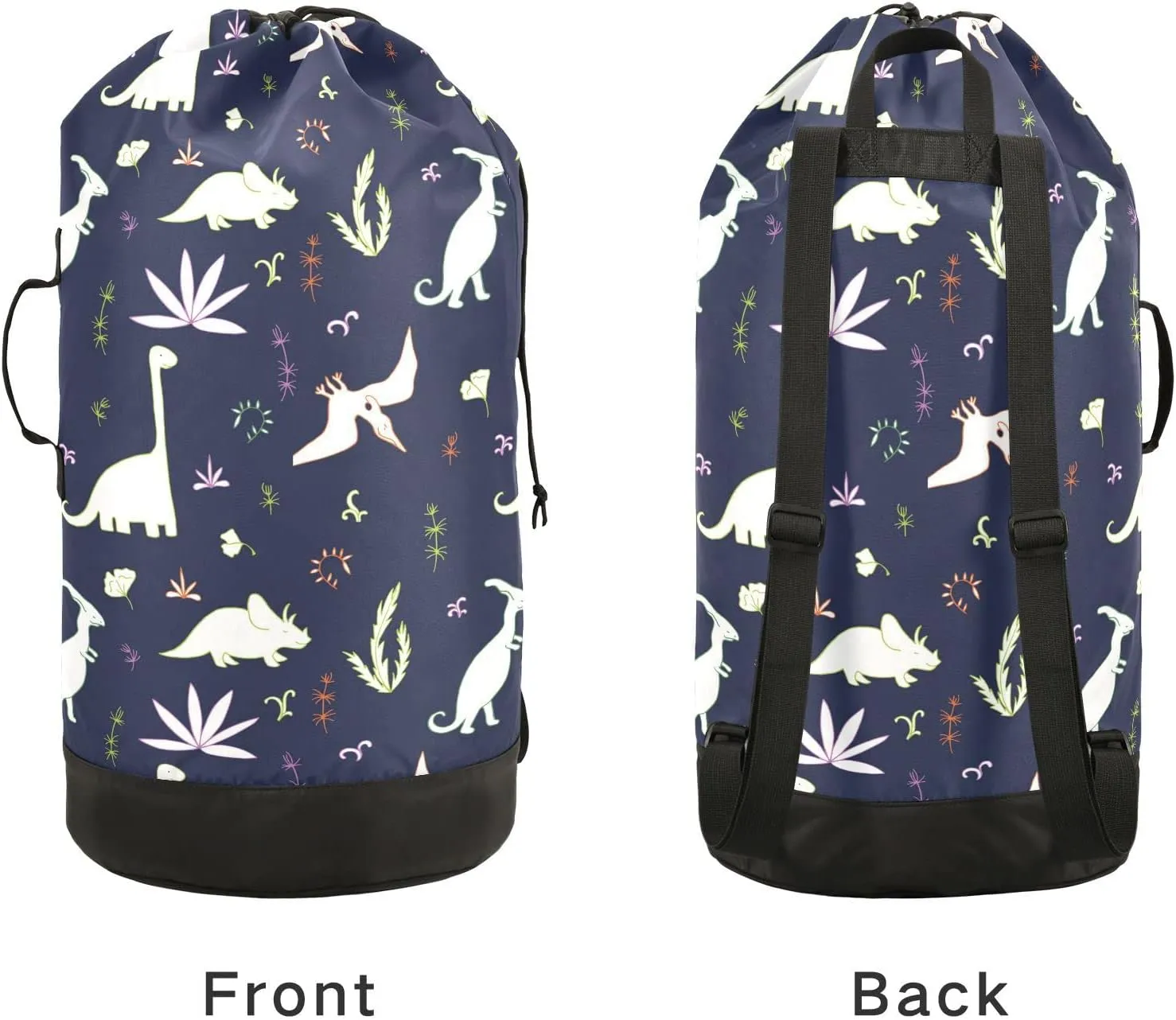 Oyihfvs Seamless White Fern Leaves, Bushes and Dinosaurs on Dark Backpack Laundry Bag, Laundry Backpack with Shoulder Straps, Waterproof Nylon Clothes Hamper Bag for Men Women Yoga Backpack