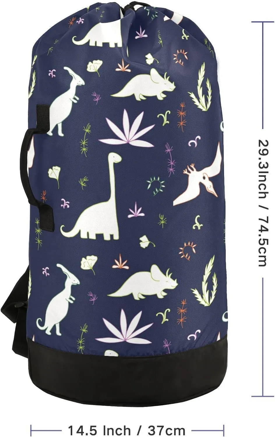Oyihfvs Seamless White Fern Leaves, Bushes and Dinosaurs on Dark Backpack Laundry Bag, Laundry Backpack with Shoulder Straps, Waterproof Nylon Clothes Hamper Bag for Men Women Yoga Backpack