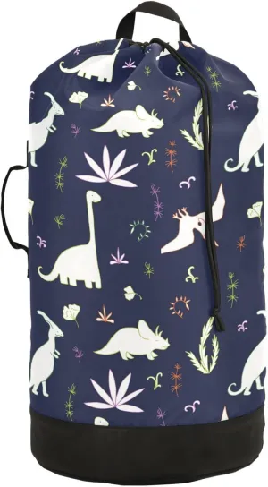 Oyihfvs Seamless White Fern Leaves, Bushes and Dinosaurs on Dark Backpack Laundry Bag, Laundry Backpack with Shoulder Straps, Waterproof Nylon Clothes Hamper Bag for Men Women Yoga Backpack