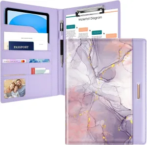 Padfolio/Resume Portfolio Folder for Women Men, WAVEYU Cute Chic Padfolio Cover Folder, Conference/Legal Document Organizer with Letter/A4 Size Clipboard, Document Sleeve, Purple Marble