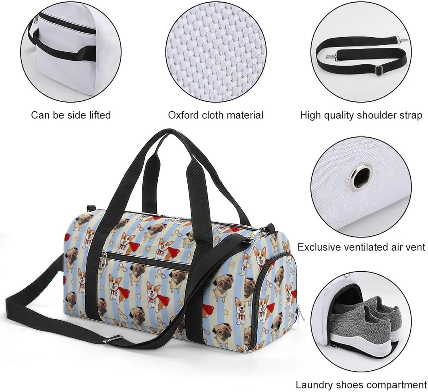 Pattern-dog Sports Tote Gym Bag for Women Men, Overnight Bag with Shoe Compartment Water Resistant