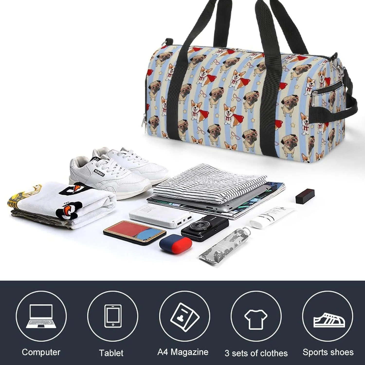 Pattern-dog Sports Tote Gym Bag for Women Men, Overnight Bag with Shoe Compartment Water Resistant