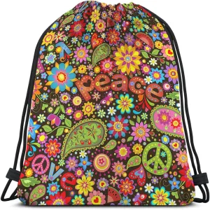 Peace Drawstring Bags Backpack Bag Sign Symbol Love Hippie Colorful Floral Butterfly Paisley Heart Leaf Sport Gym Sack Drawstring Bag String Bag Yoga Bag for Men Women