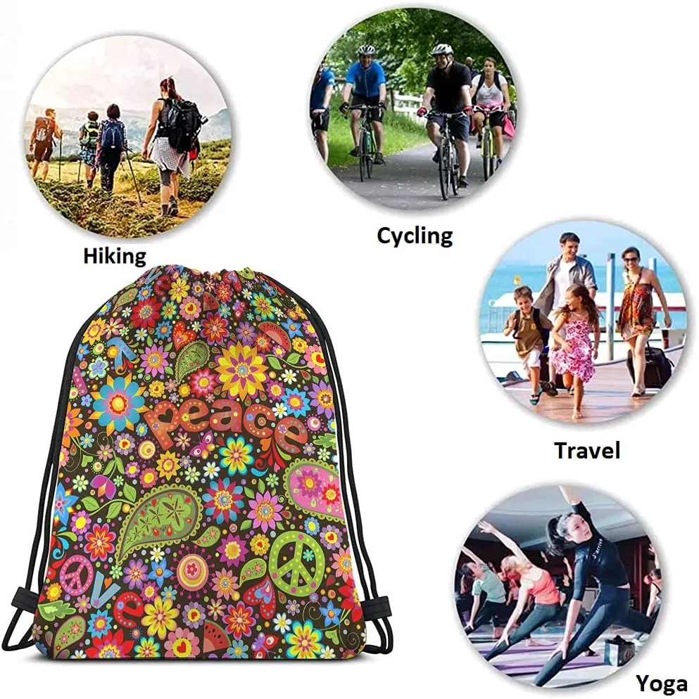 Peace Drawstring Bags Backpack Bag Sign Symbol Love Hippie Colorful Floral Butterfly Paisley Heart Leaf Sport Gym Sack Drawstring Bag String Bag Yoga Bag for Men Women