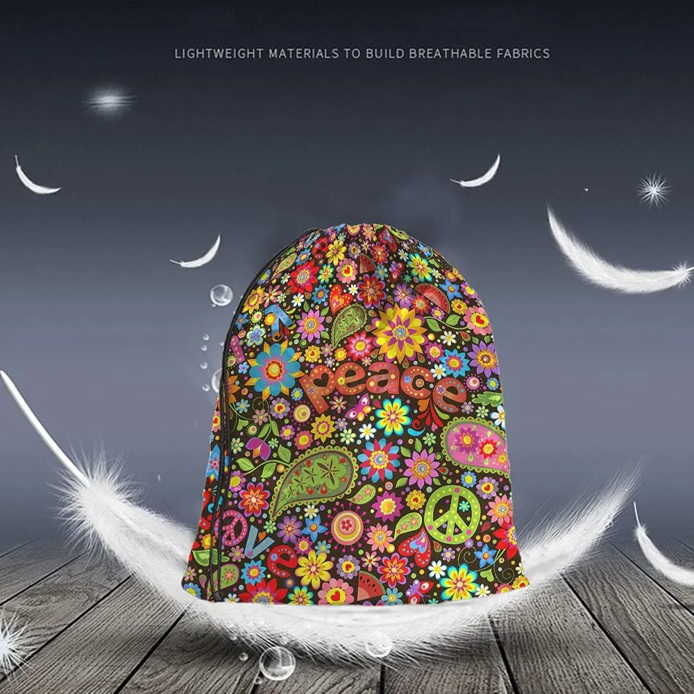 Peace Drawstring Bags Backpack Bag Sign Symbol Love Hippie Colorful Floral Butterfly Paisley Heart Leaf Sport Gym Sack Drawstring Bag String Bag Yoga Bag for Men Women