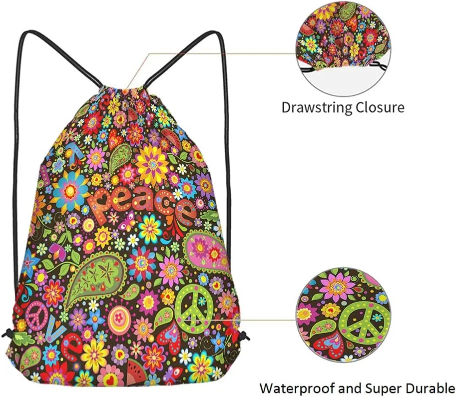 Peace Drawstring Bags Backpack Bag Sign Symbol Love Hippie Colorful Floral Butterfly Paisley Heart Leaf Sport Gym Sack Drawstring Bag String Bag Yoga Bag for Men Women