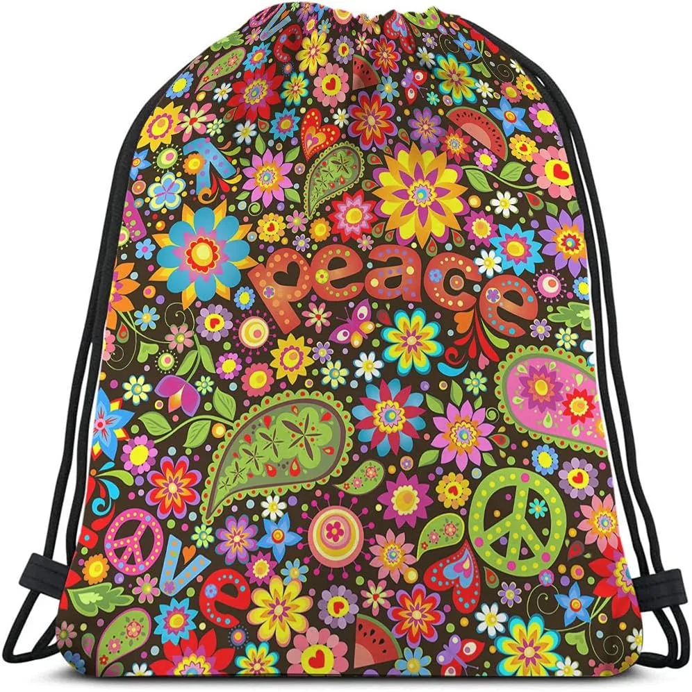 Peace Drawstring Bags Backpack Bag Sign Symbol Love Hippie Colorful Floral Butterfly Paisley Heart Leaf Sport Gym Sack Drawstring Bag String Bag Yoga Bag for Men Women
