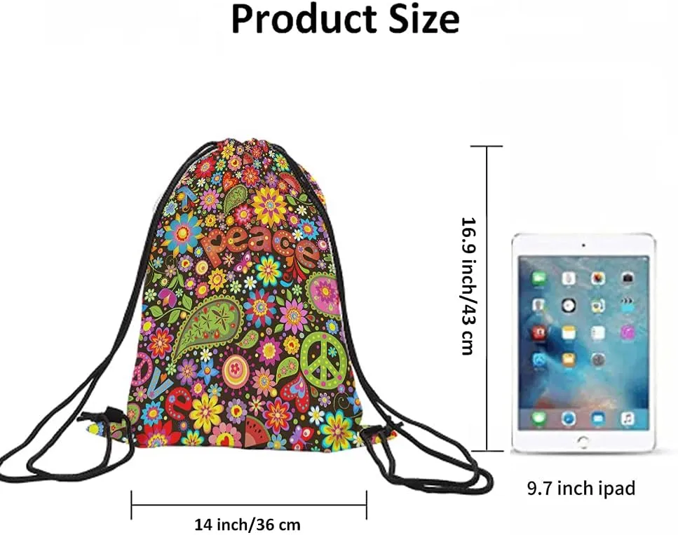 Peace Drawstring Bags Backpack Bag Sign Symbol Love Hippie Colorful Floral Butterfly Paisley Heart Leaf Sport Gym Sack Drawstring Bag String Bag Yoga Bag for Men Women