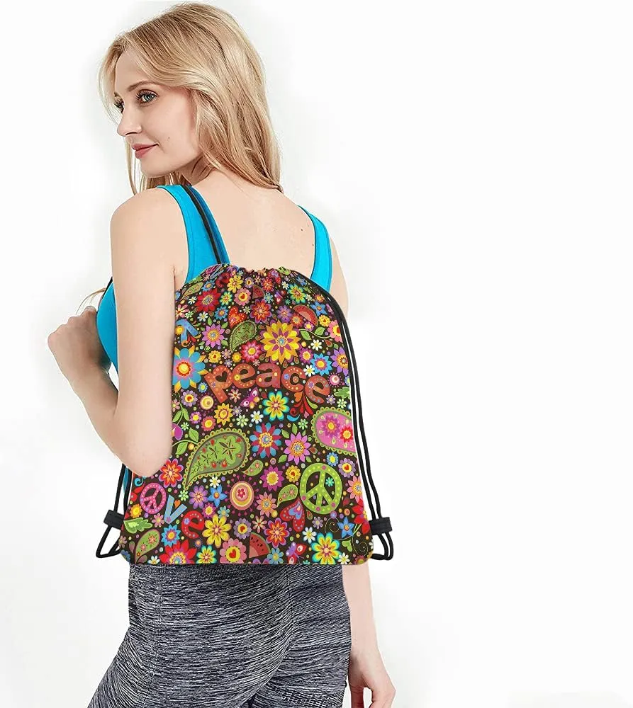 Peace Drawstring Bags Backpack Bag Sign Symbol Love Hippie Colorful Floral Butterfly Paisley Heart Leaf Sport Gym Sack Drawstring Bag String Bag Yoga Bag for Men Women