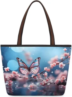 Peach Blossom Butterfly Tote Bag Tote Purse for Women with Zipper Womens Handbags for Work Travel