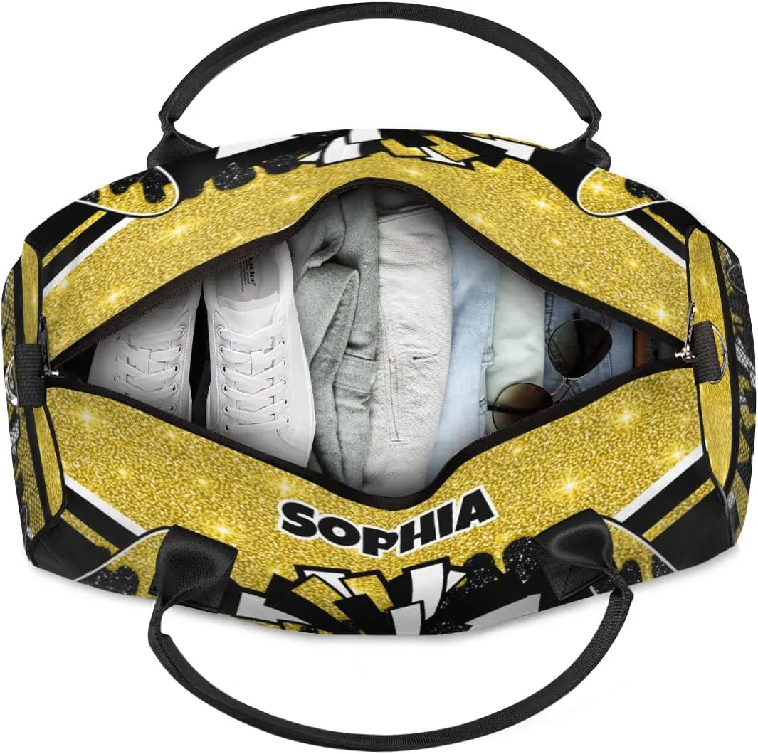 Personalized Cheer Bags for Cheerleaders Custom Sport Duffel Bag Gym Bag Travel Duffle Bag Overnight Weekender Bag with Name Gold Glitter Drops