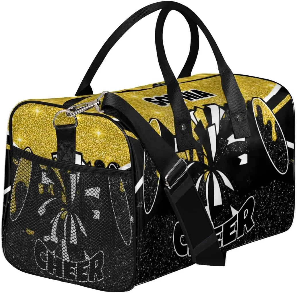 Personalized Cheer Bags for Cheerleaders Custom Sport Duffel Bag Gym Bag Travel Duffle Bag Overnight Weekender Bag with Name Gold Glitter Drops