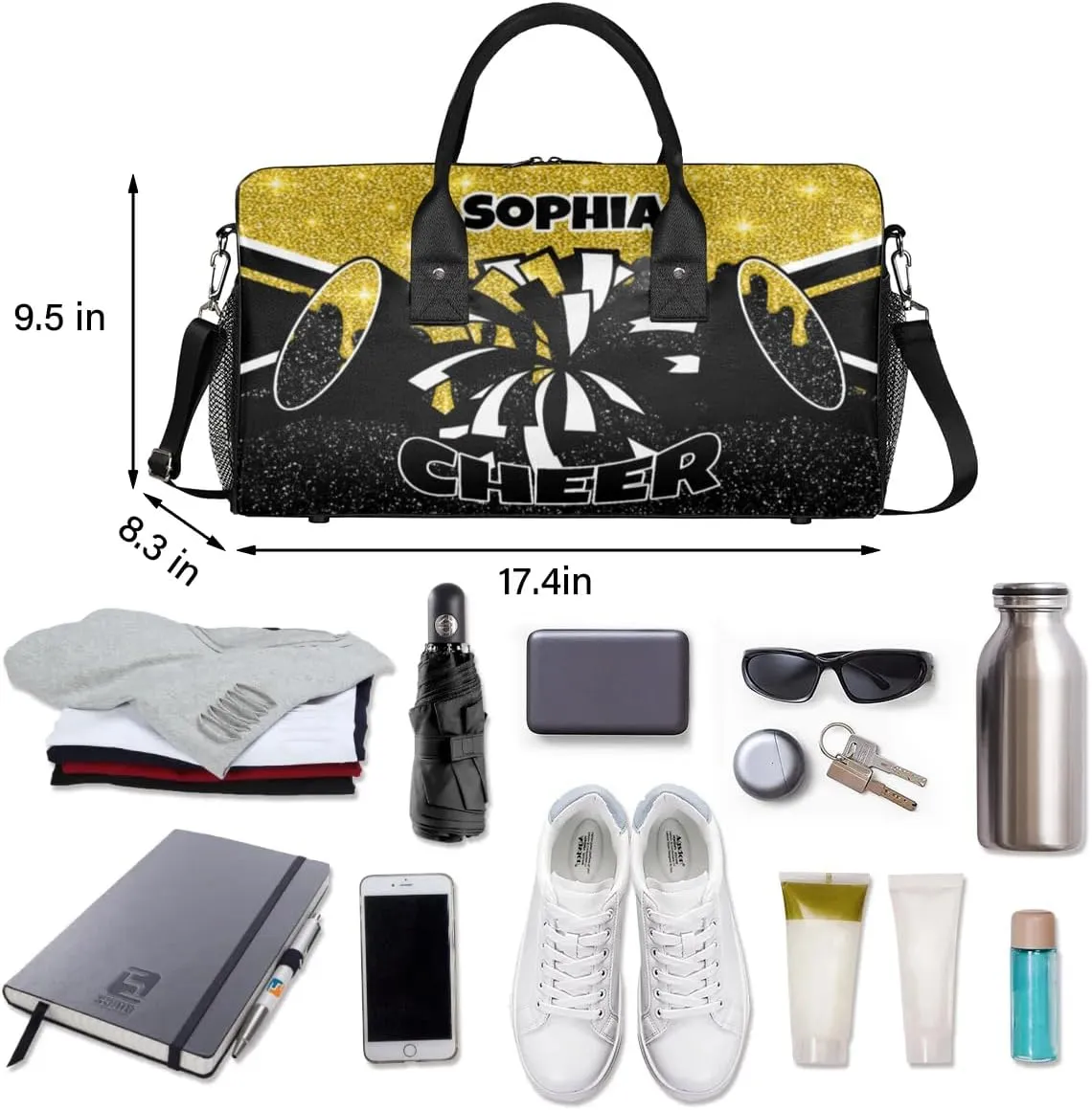 Personalized Cheer Bags for Cheerleaders Custom Sport Duffel Bag Gym Bag Travel Duffle Bag Overnight Weekender Bag with Name Gold Glitter Drops
