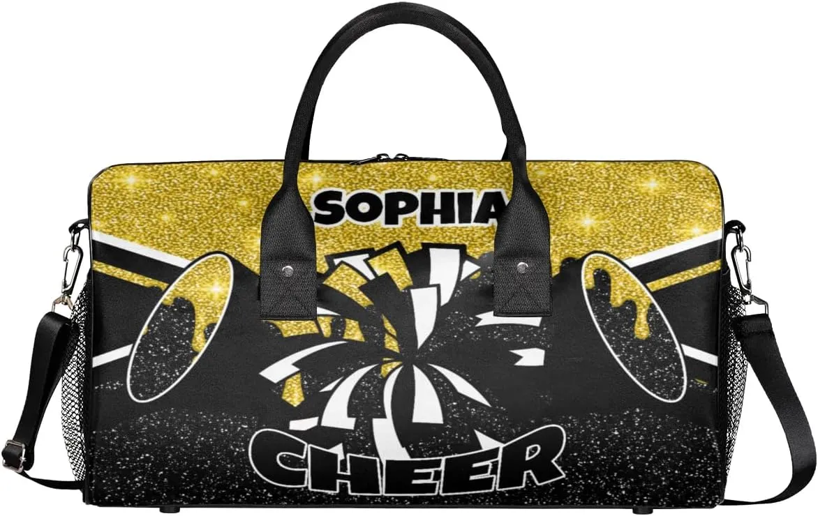 Personalized Cheer Bags for Cheerleaders Custom Sport Duffel Bag Gym Bag Travel Duffle Bag Overnight Weekender Bag with Name Gold Glitter Drops