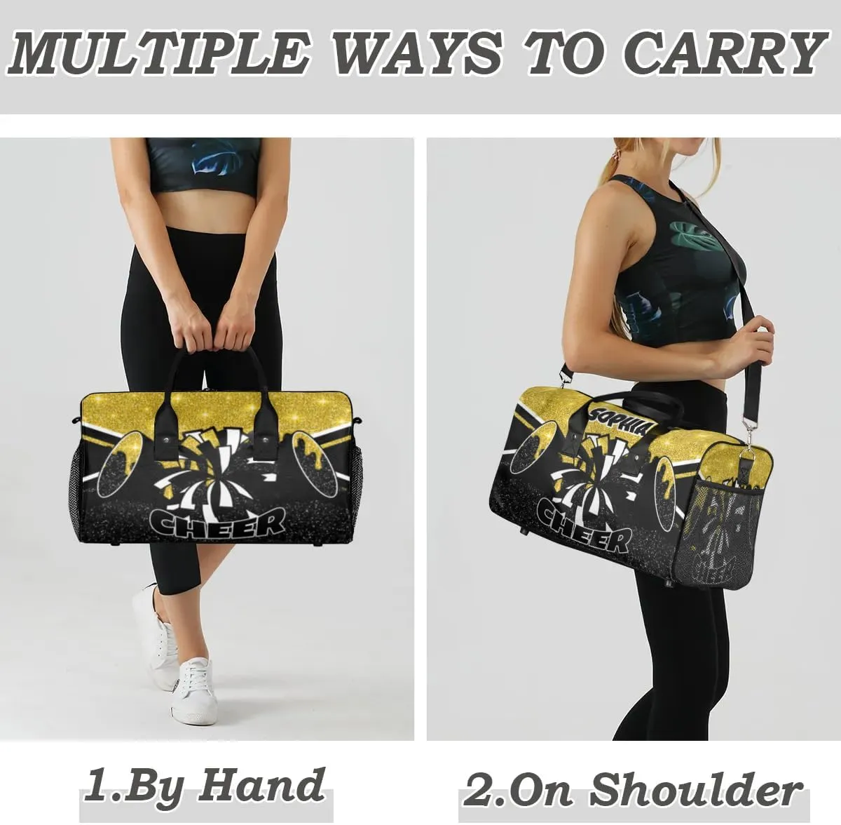 Personalized Cheer Bags for Cheerleaders Custom Sport Duffel Bag Gym Bag Travel Duffle Bag Overnight Weekender Bag with Name Gold Glitter Drops