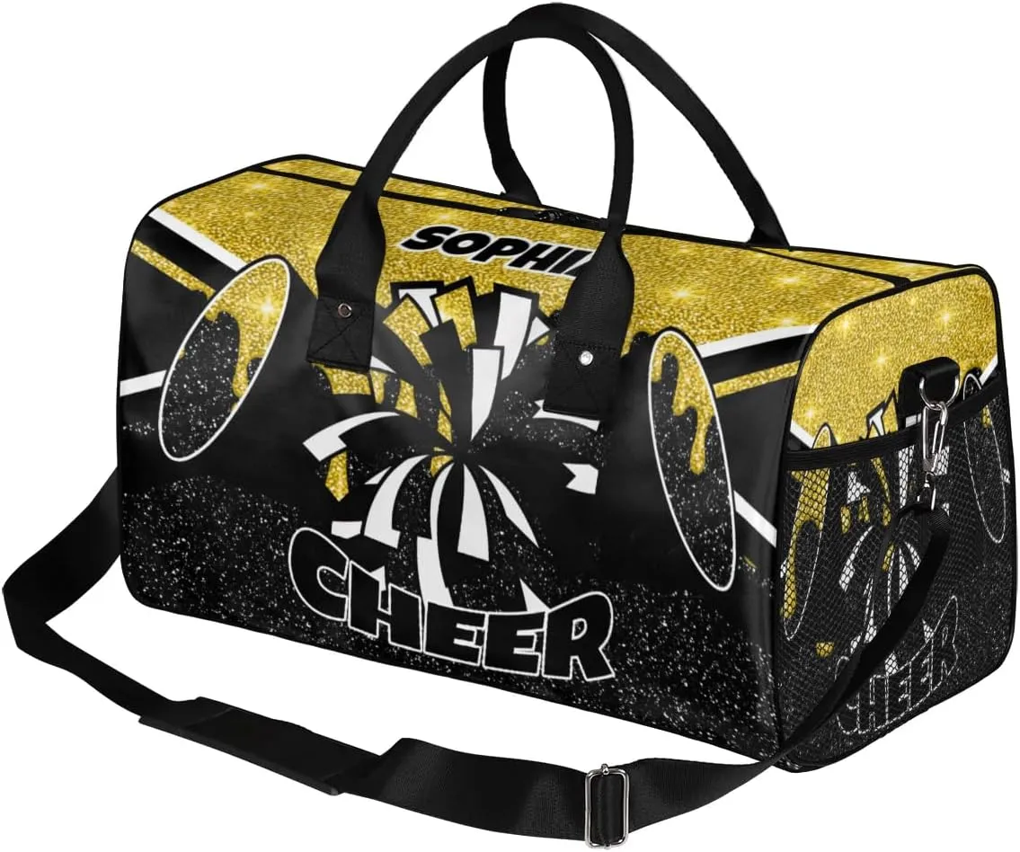 Personalized Cheer Bags for Cheerleaders Custom Sport Duffel Bag Gym Bag Travel Duffle Bag Overnight Weekender Bag with Name Gold Glitter Drops