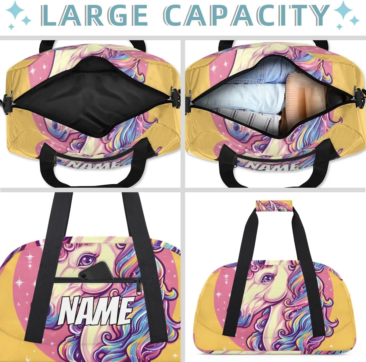 Personalized Custom Gym Bag for Women Men Carry on Cartoon Unicorn Travel Duffel Tote Fantasy Animal Overnight Workout Weekender Bag