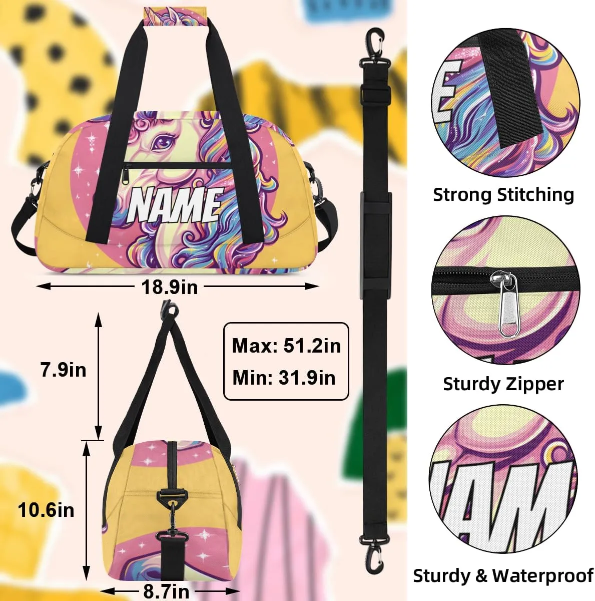 Personalized Custom Gym Bag for Women Men Carry on Cartoon Unicorn Travel Duffel Tote Fantasy Animal Overnight Workout Weekender Bag
