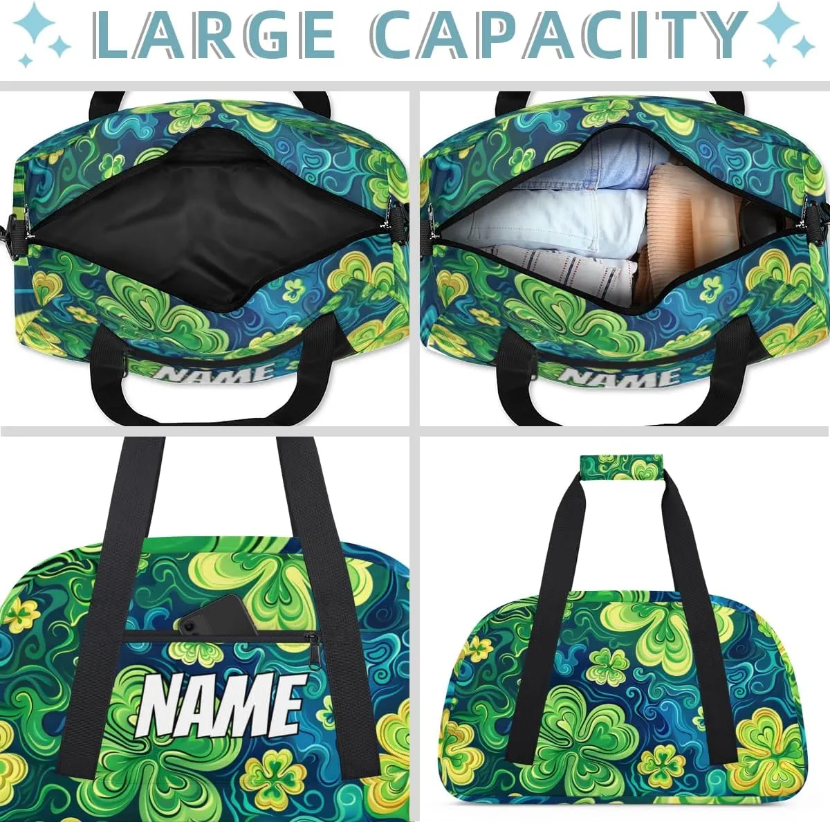 Personalized Custom Gym Bag for Women Men Carry on Clover Leaf Travel Duffel Tote St. Patrick's Day Overnight Workout Weekender Bag