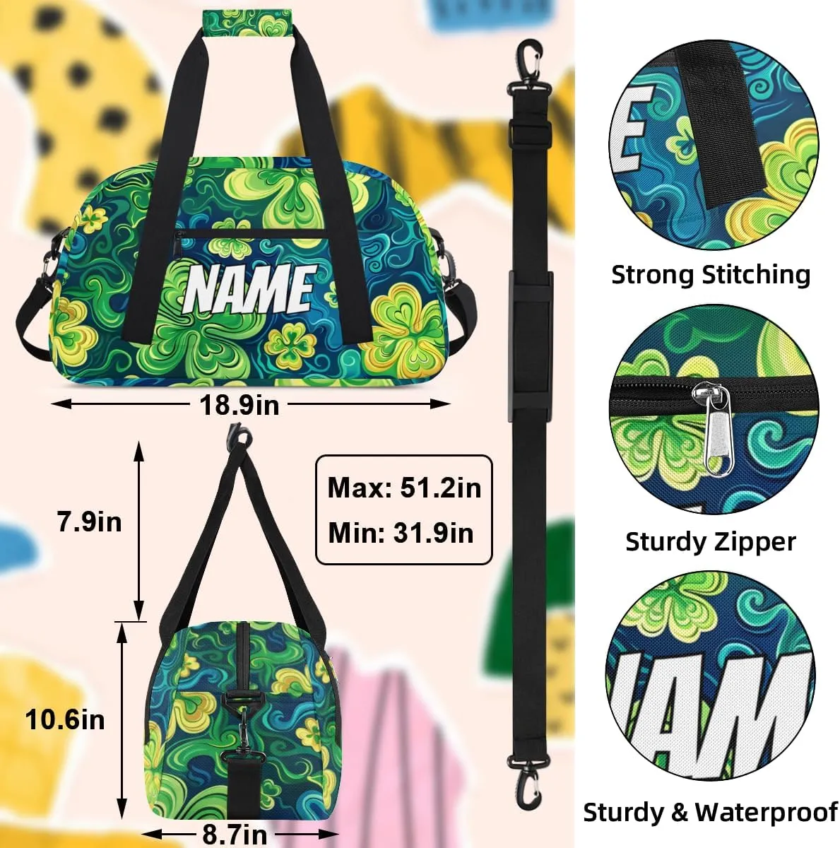 Personalized Custom Gym Bag for Women Men Carry on Clover Leaf Travel Duffel Tote St. Patrick's Day Overnight Workout Weekender Bag