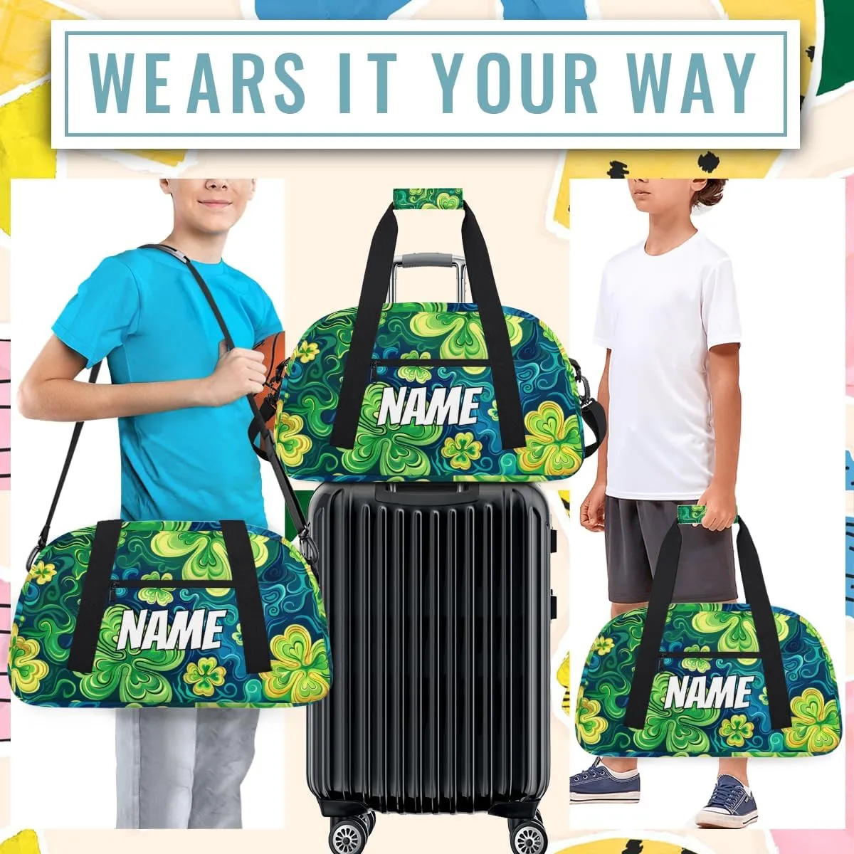Personalized Custom Gym Bag for Women Men Carry on Clover Leaf Travel Duffel Tote St. Patrick's Day Overnight Workout Weekender Bag
