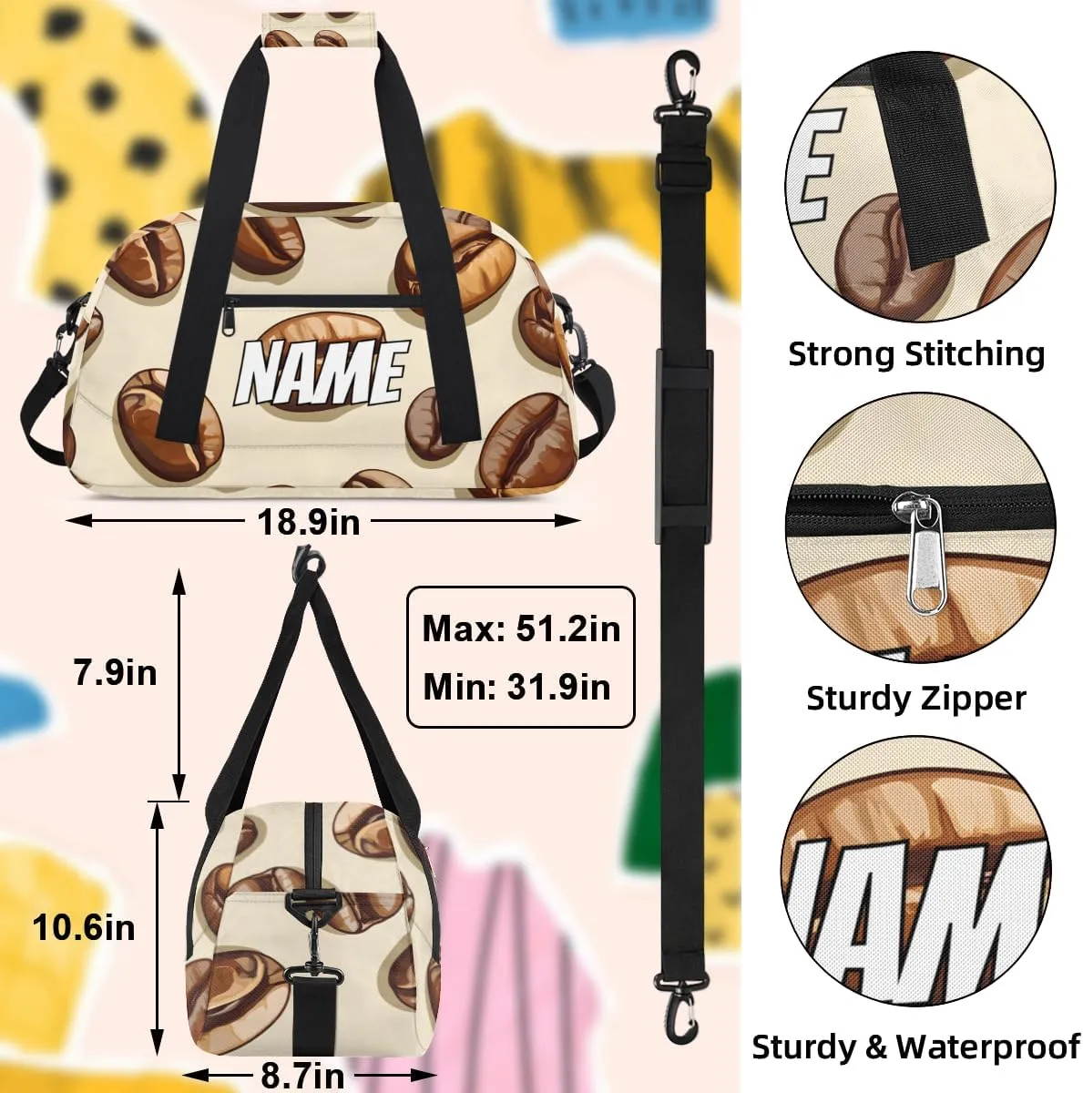 Personalized Custom Gym Bag for Women Men Carry on Coffee Beans Travel Duffel Tote Coffee Theme Overnight Workout Weekender Bag
