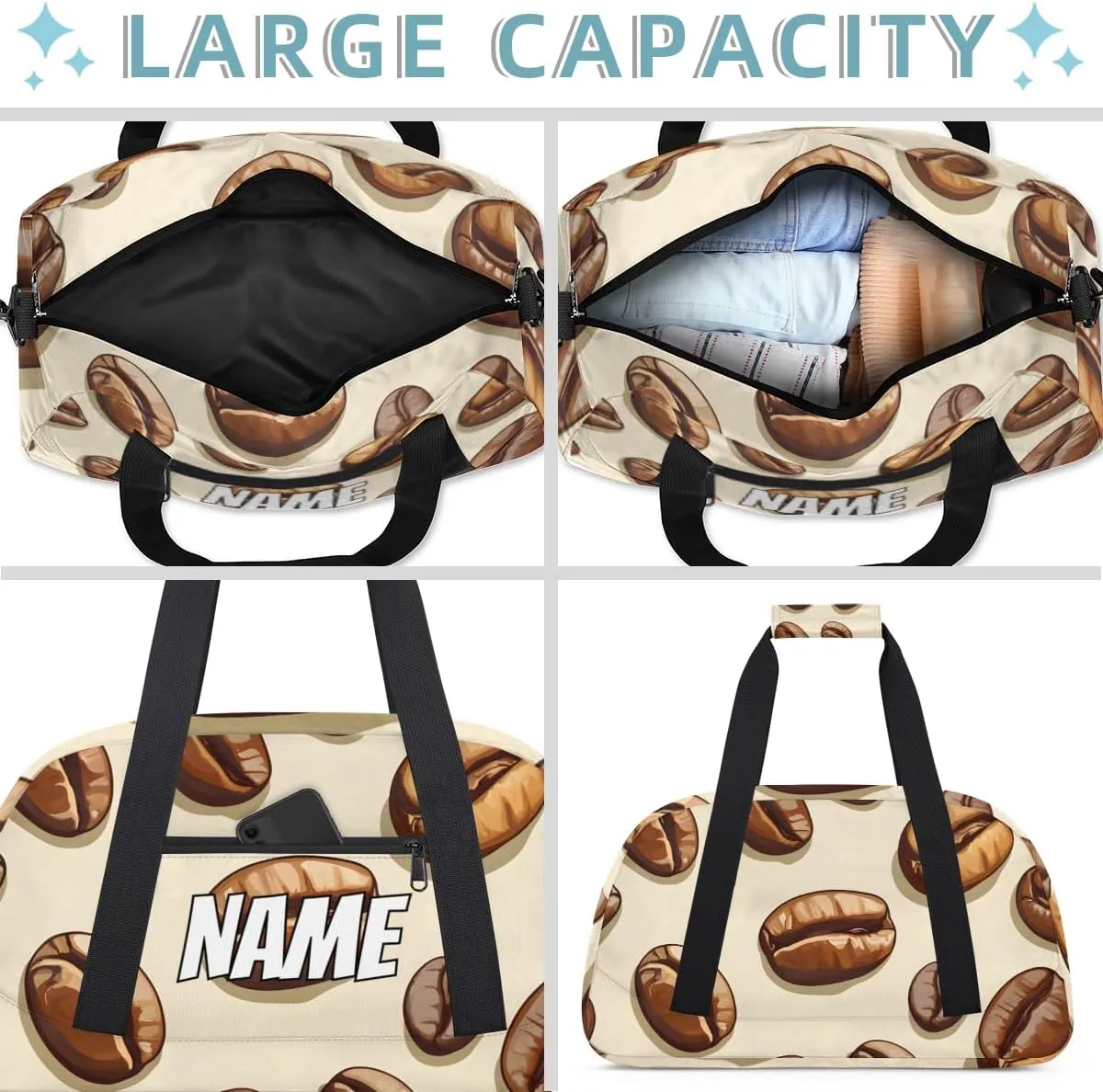 Personalized Custom Gym Bag for Women Men Carry on Coffee Beans Travel Duffel Tote Coffee Theme Overnight Workout Weekender Bag