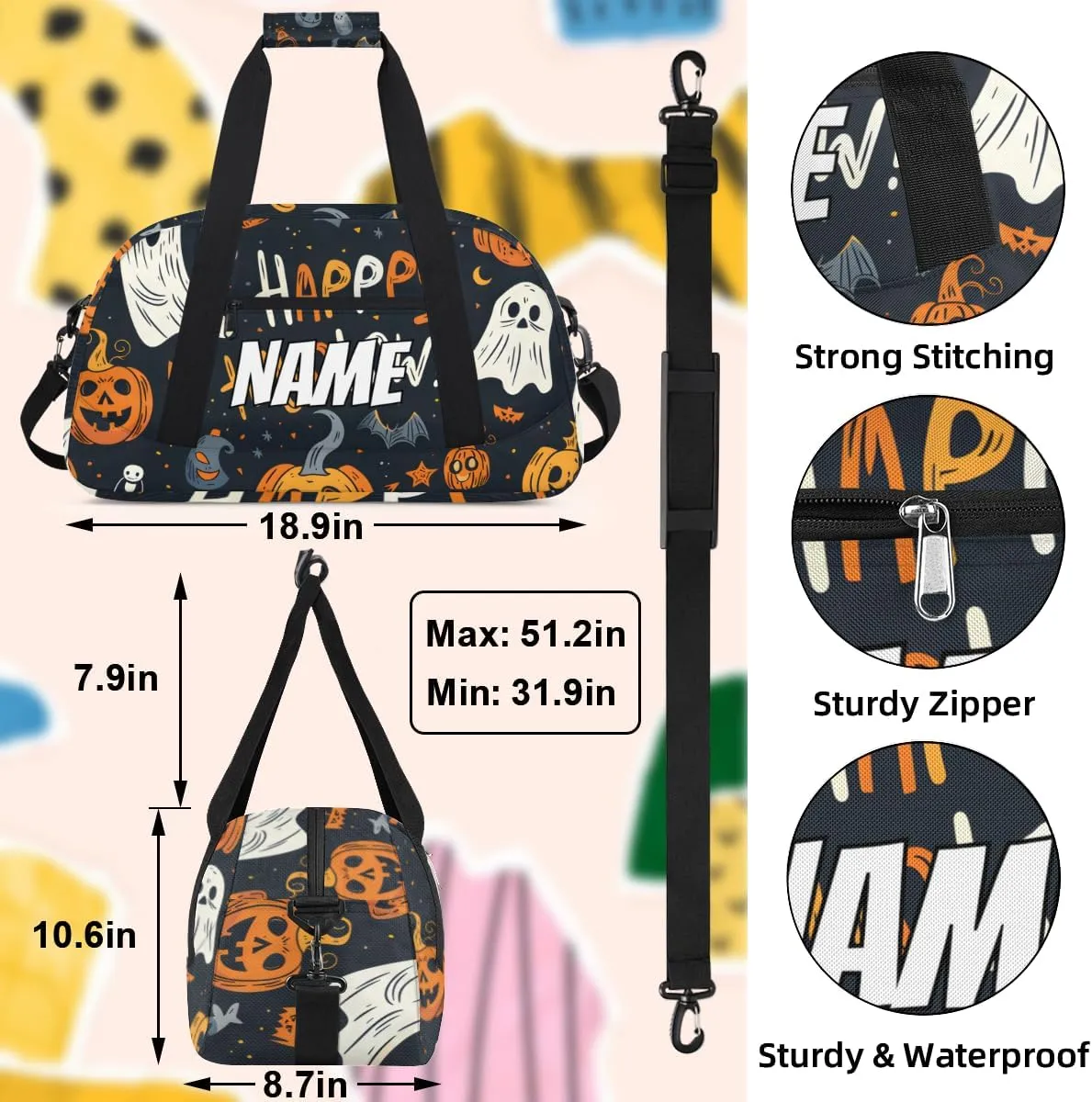 Personalized Custom Gym Bag for Women Men Carry on Halloween Theme Travel Duffel Tote Pumpkin Ghost Overnight Workout Weekender Bag