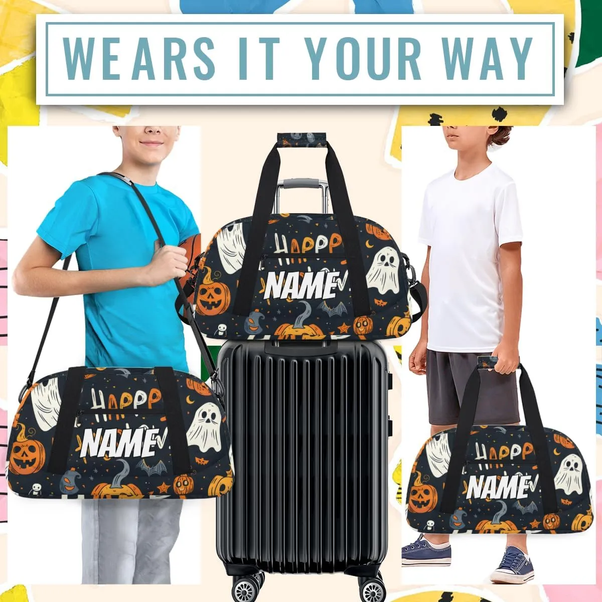 Personalized Custom Gym Bag for Women Men Carry on Halloween Theme Travel Duffel Tote Pumpkin Ghost Overnight Workout Weekender Bag