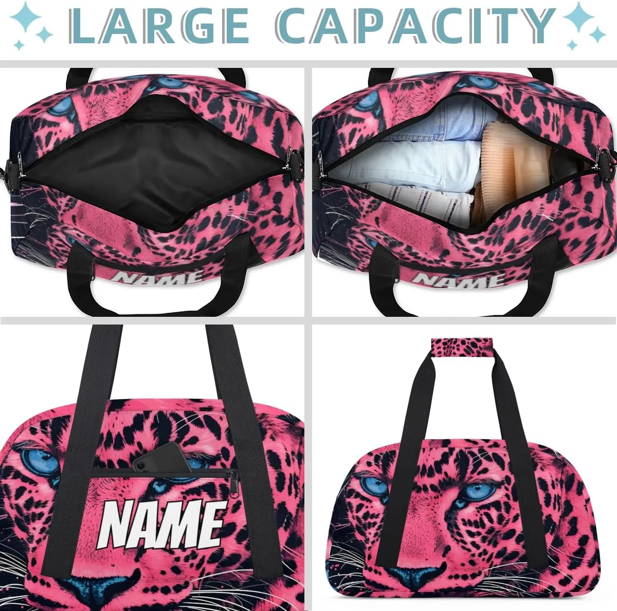 Personalized Custom Gym Bag for Women Men Carry on Pink Leopard Travel Duffel Tote Wildlife Animal Overnight Workout Weekender Bag