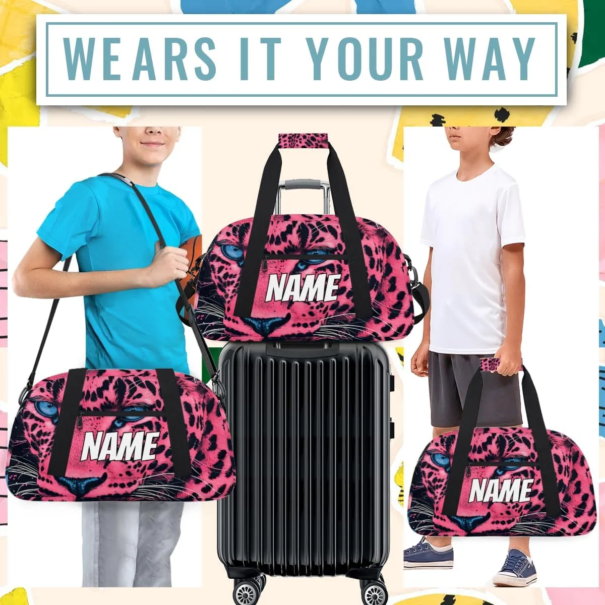 Personalized Custom Gym Bag for Women Men Carry on Pink Leopard Travel Duffel Tote Wildlife Animal Overnight Workout Weekender Bag
