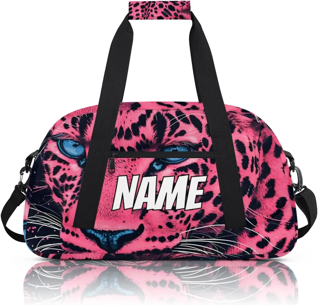 Personalized Custom Gym Bag for Women Men Carry on Pink Leopard Travel Duffel Tote Wildlife Animal Overnight Workout Weekender Bag