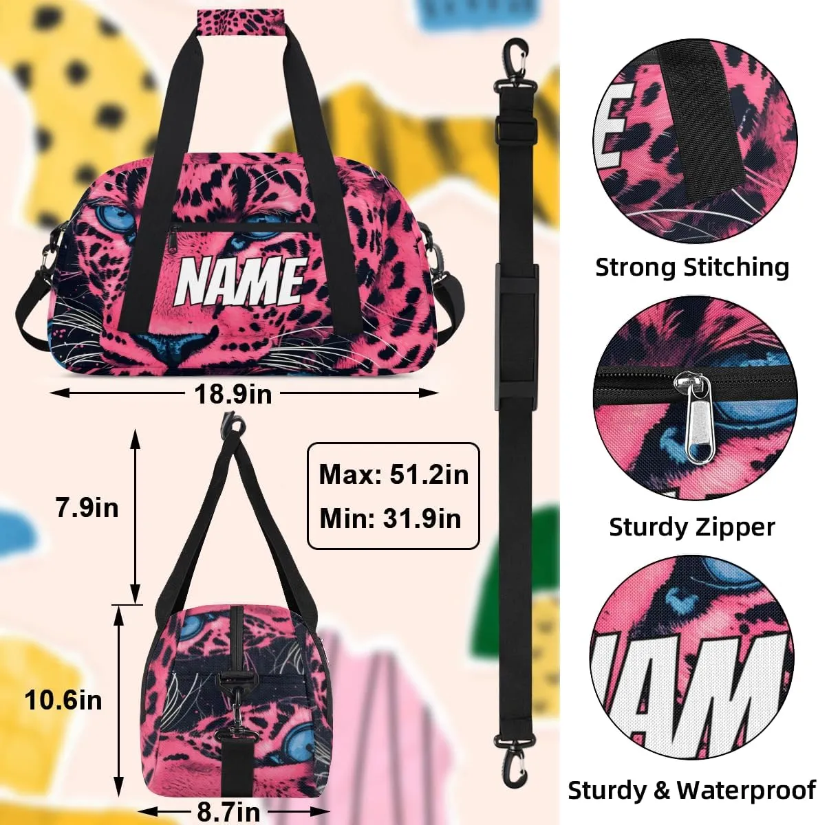 Personalized Custom Gym Bag for Women Men Carry on Pink Leopard Travel Duffel Tote Wildlife Animal Overnight Workout Weekender Bag
