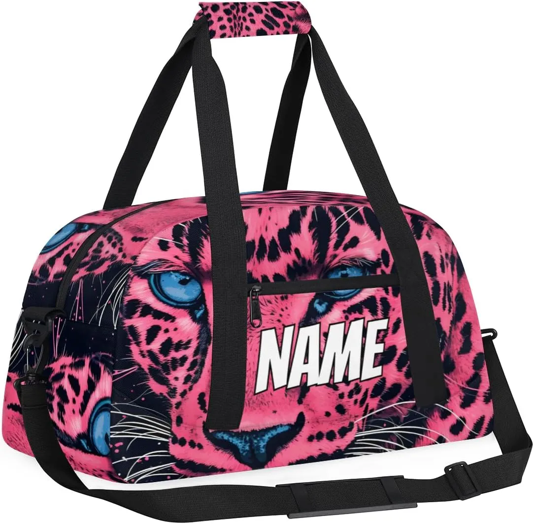 Personalized Custom Gym Bag for Women Men Carry on Pink Leopard Travel Duffel Tote Wildlife Animal Overnight Workout Weekender Bag