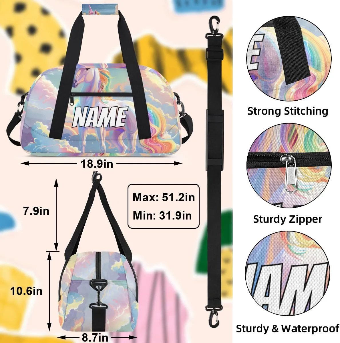 Personalized Custom Gym Bag for Women Men Carry on Rainbow Unicorn Travel Duffel Tote Fantasy Dreamy Overnight Workout Weekender Bag