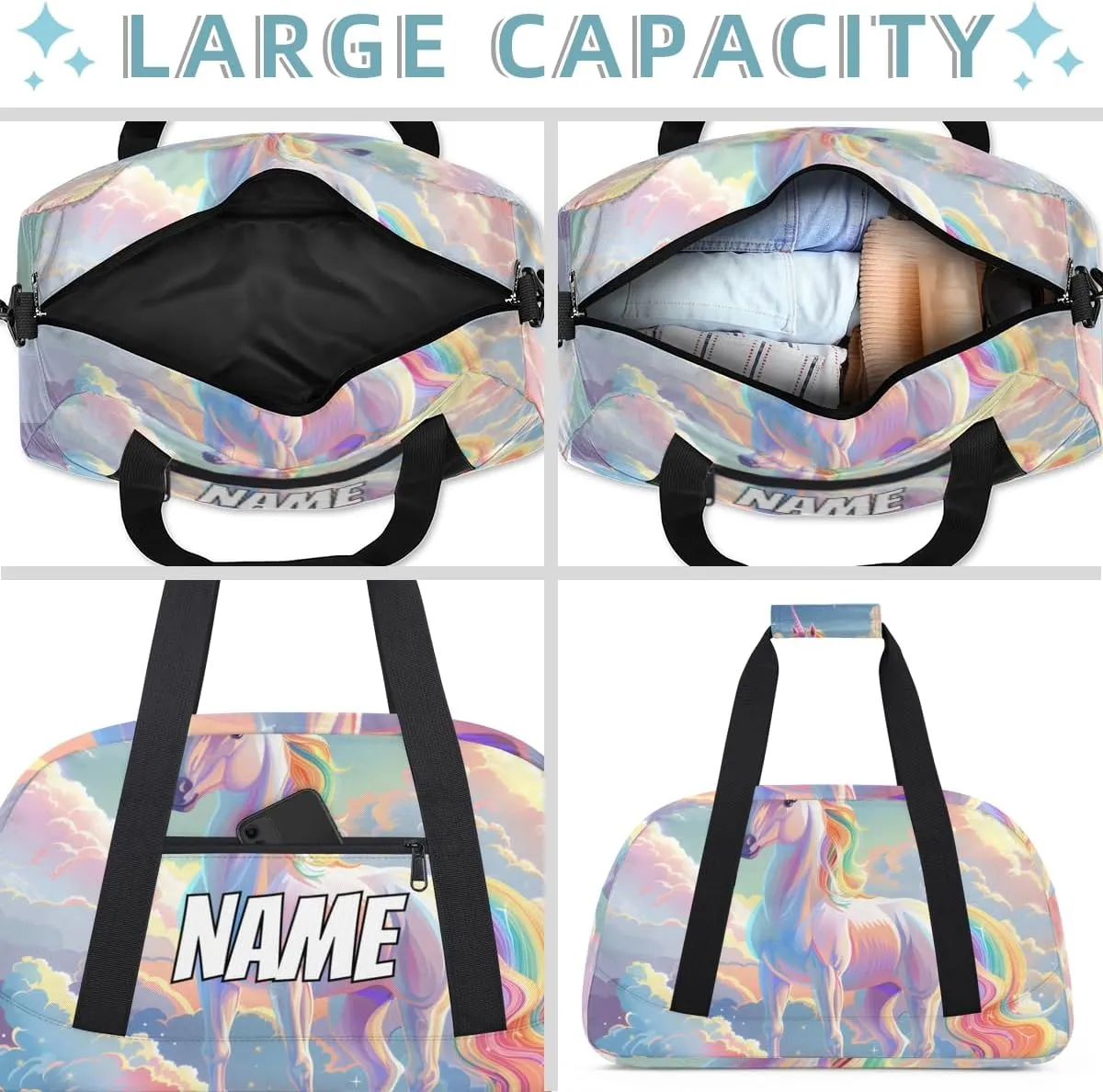 Personalized Custom Gym Bag for Women Men Carry on Rainbow Unicorn Travel Duffel Tote Fantasy Dreamy Overnight Workout Weekender Bag
