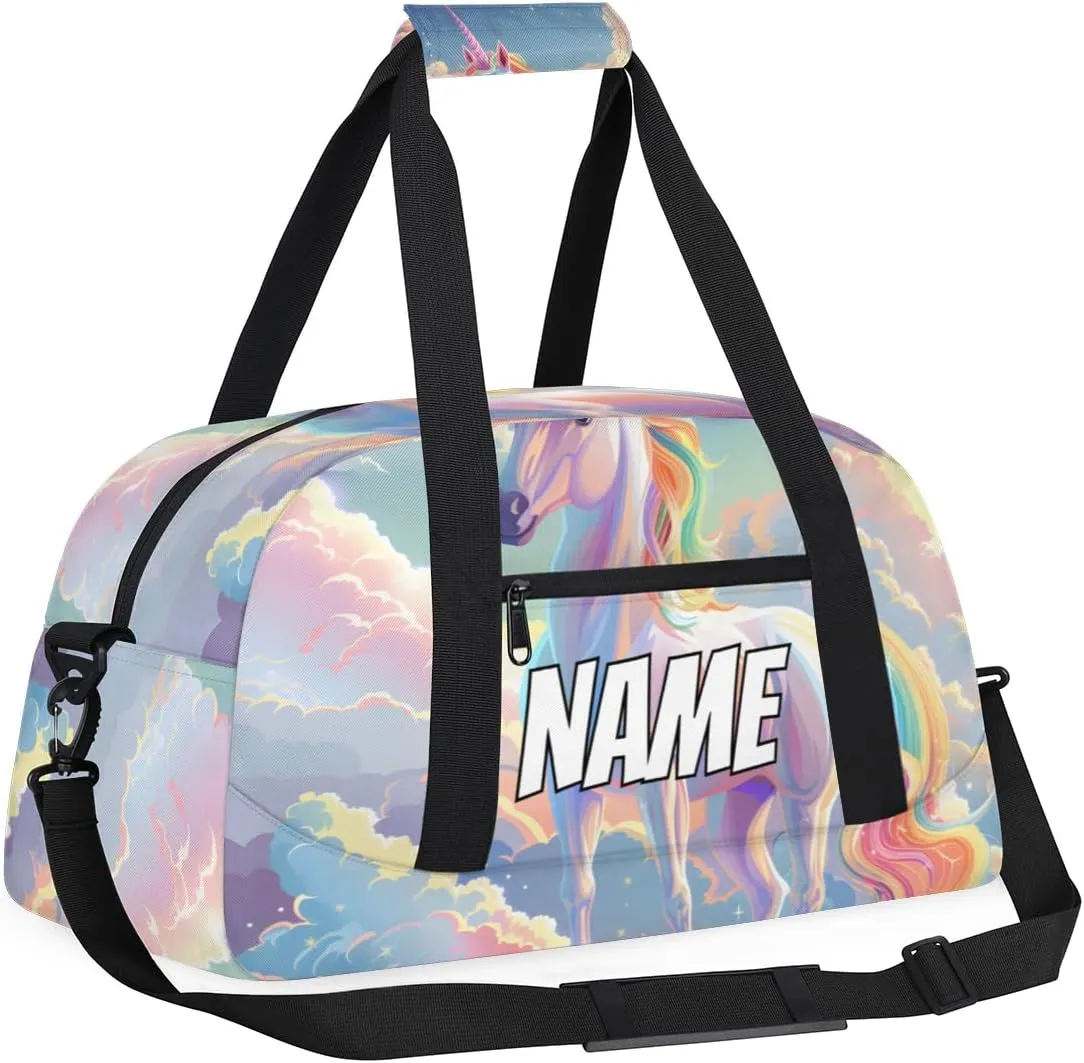 Personalized Custom Gym Bag for Women Men Carry on Rainbow Unicorn Travel Duffel Tote Fantasy Dreamy Overnight Workout Weekender Bag