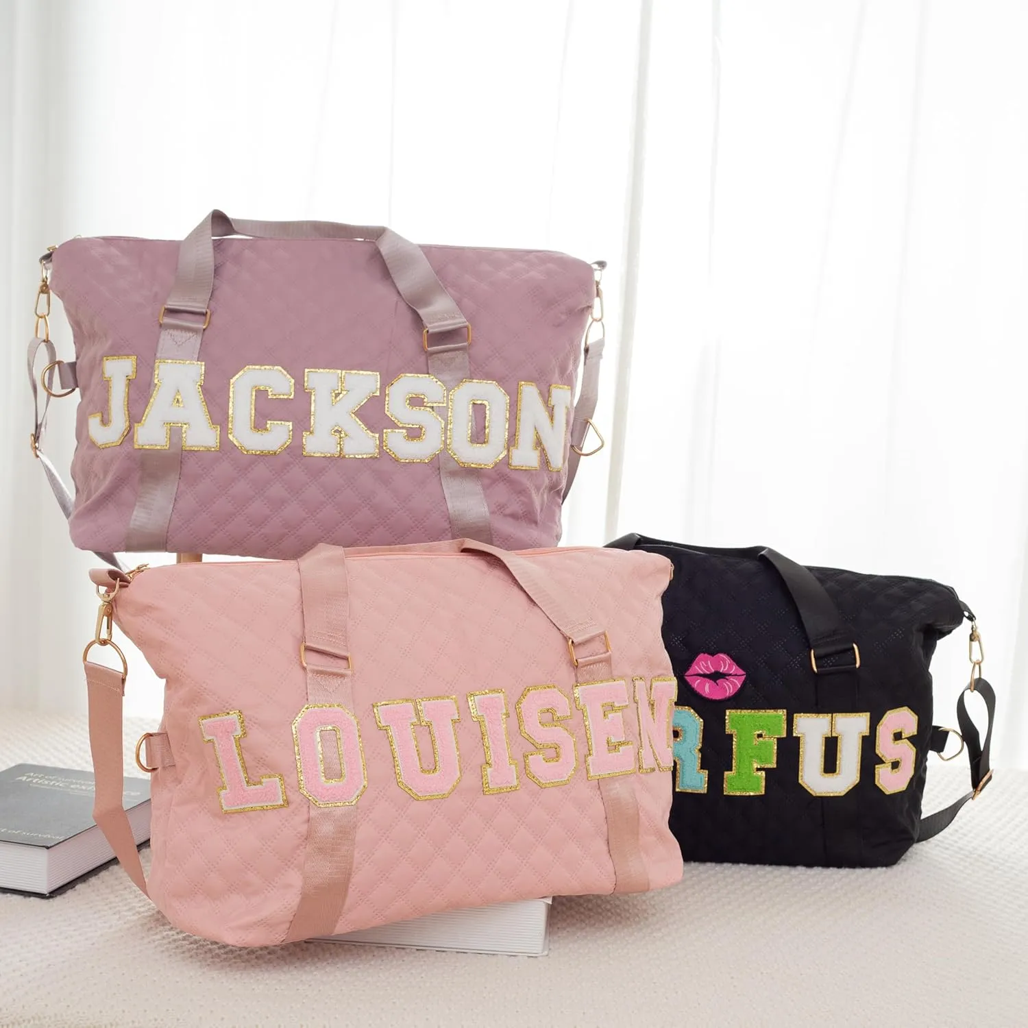Personalized Dance Duffle Bag, Sports Gym Tote with Chenille Patches, Wet Pocket for Girls, Ballet Gymnastics Weekender