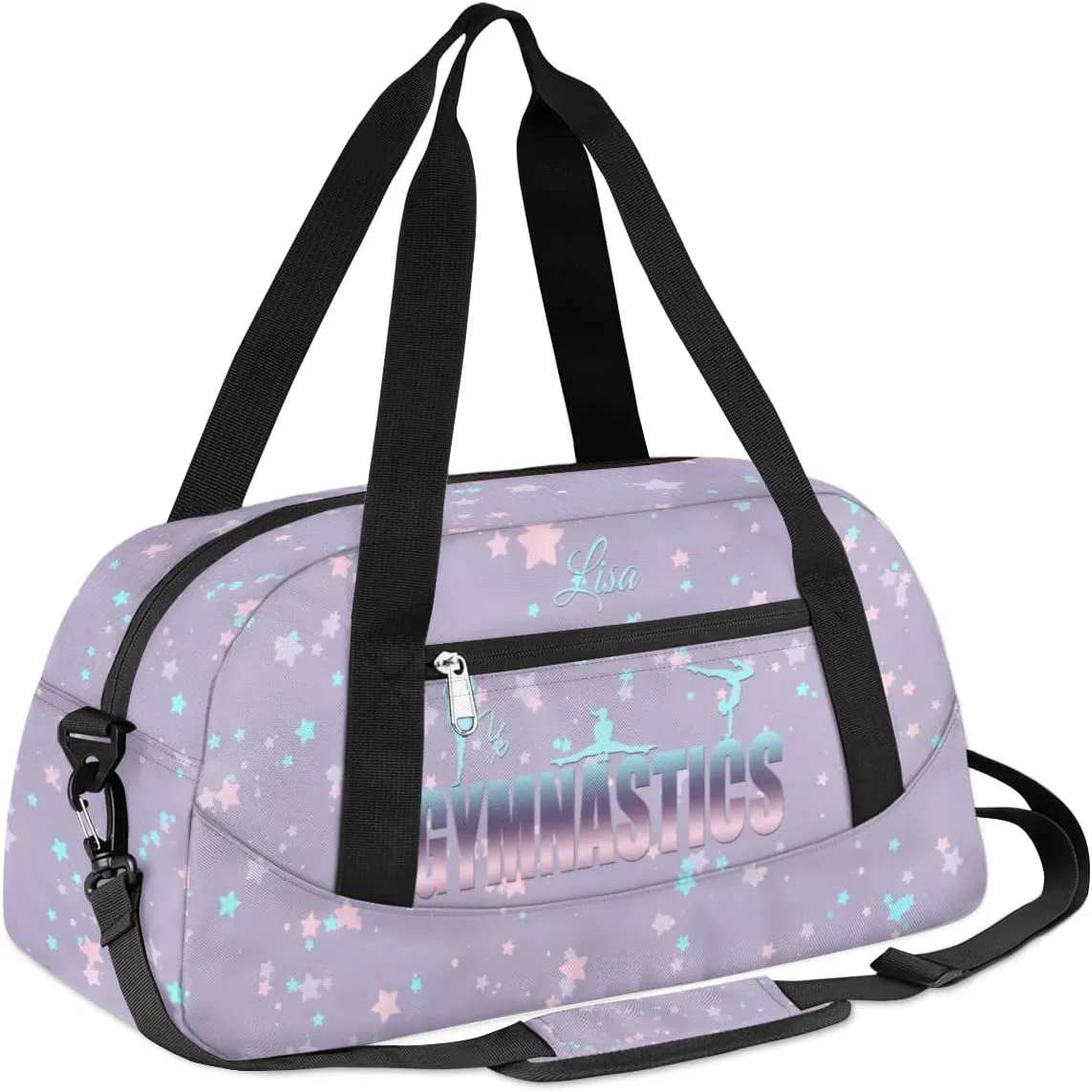 Personalized Gym Bag for Girls Teens, Custom Dance Bag Overnight Small Duffel Bag Carry On Weekend Sports Travel Bag for School Practice Gymnastics Ballet, Purple Cyan Stars