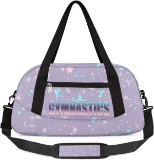 Personalized Gym Bag for Girls Teens, Custom Dance Bag Overnight Small Duffel Bag Carry On Weekend Sports Travel Bag for School Practice Gymnastics Ballet, Purple Cyan Stars