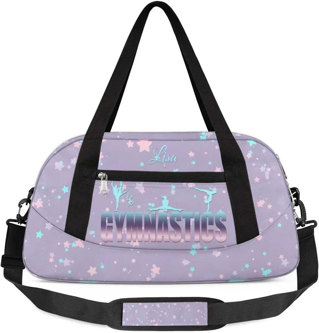 Personalized Gym Bag for Girls Teens, Custom Dance Bag Overnight Small Duffel Bag Carry On Weekend Sports Travel Bag for School Practice Gymnastics Ballet, Purple Cyan Stars