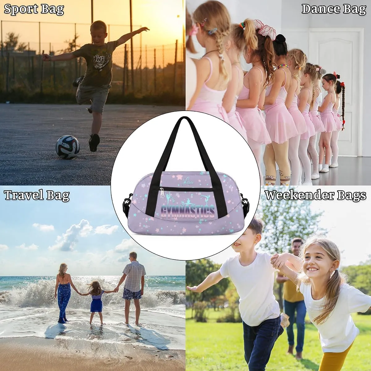 Personalized Gym Bag for Girls Teens, Custom Dance Bag Overnight Small Duffel Bag Carry On Weekend Sports Travel Bag for School Practice Gymnastics Ballet, Purple Cyan Stars
