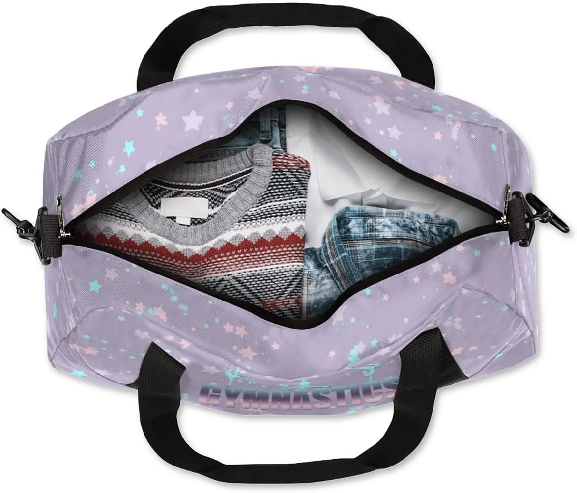 Personalized Gym Bag for Girls Teens, Custom Dance Bag Overnight Small Duffel Bag Carry On Weekend Sports Travel Bag for School Practice Gymnastics Ballet, Purple Cyan Stars