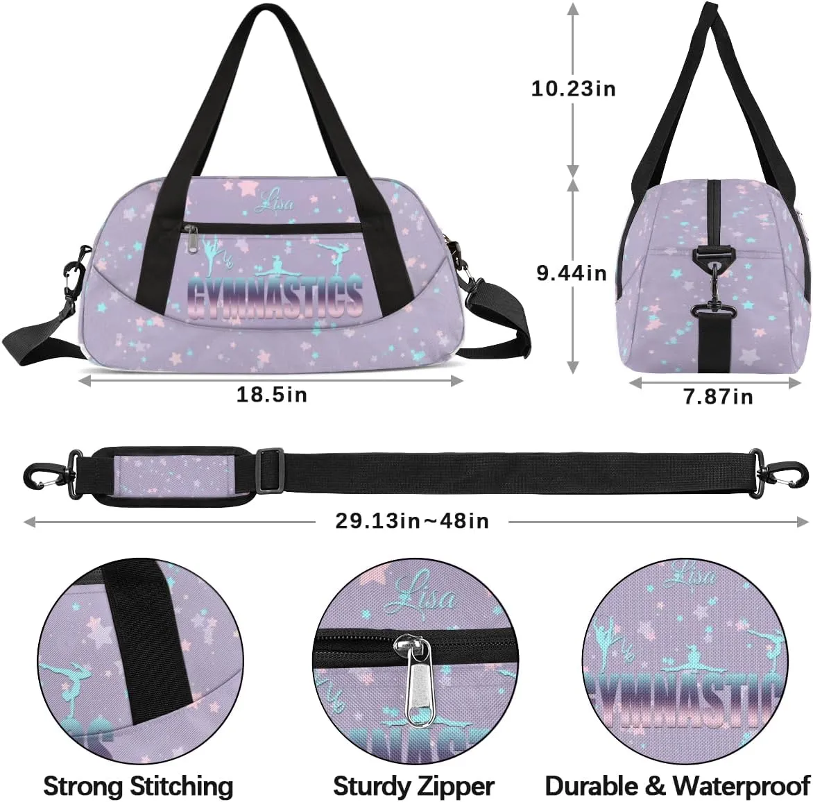 Personalized Gym Bag for Girls Teens, Custom Dance Bag Overnight Small Duffel Bag Carry On Weekend Sports Travel Bag for School Practice Gymnastics Ballet, Purple Cyan Stars
