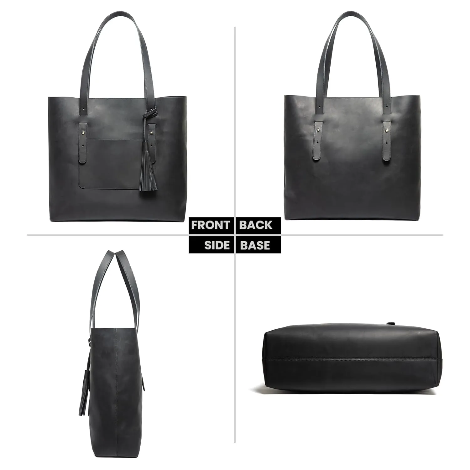 Personalized Handmade Genuine Leather Tote Bag, Black, Large
