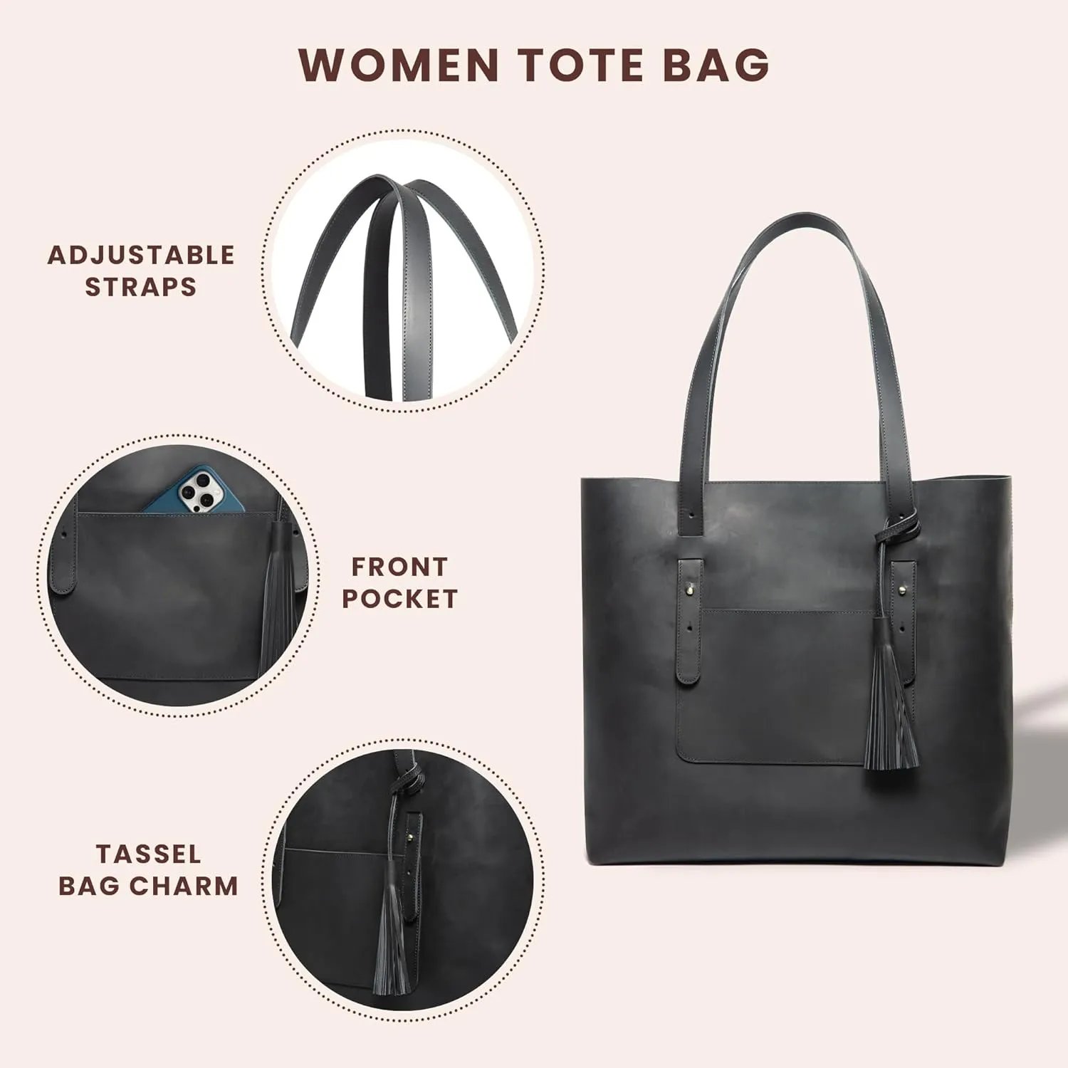 Personalized Handmade Genuine Leather Tote Bag, Black, Large