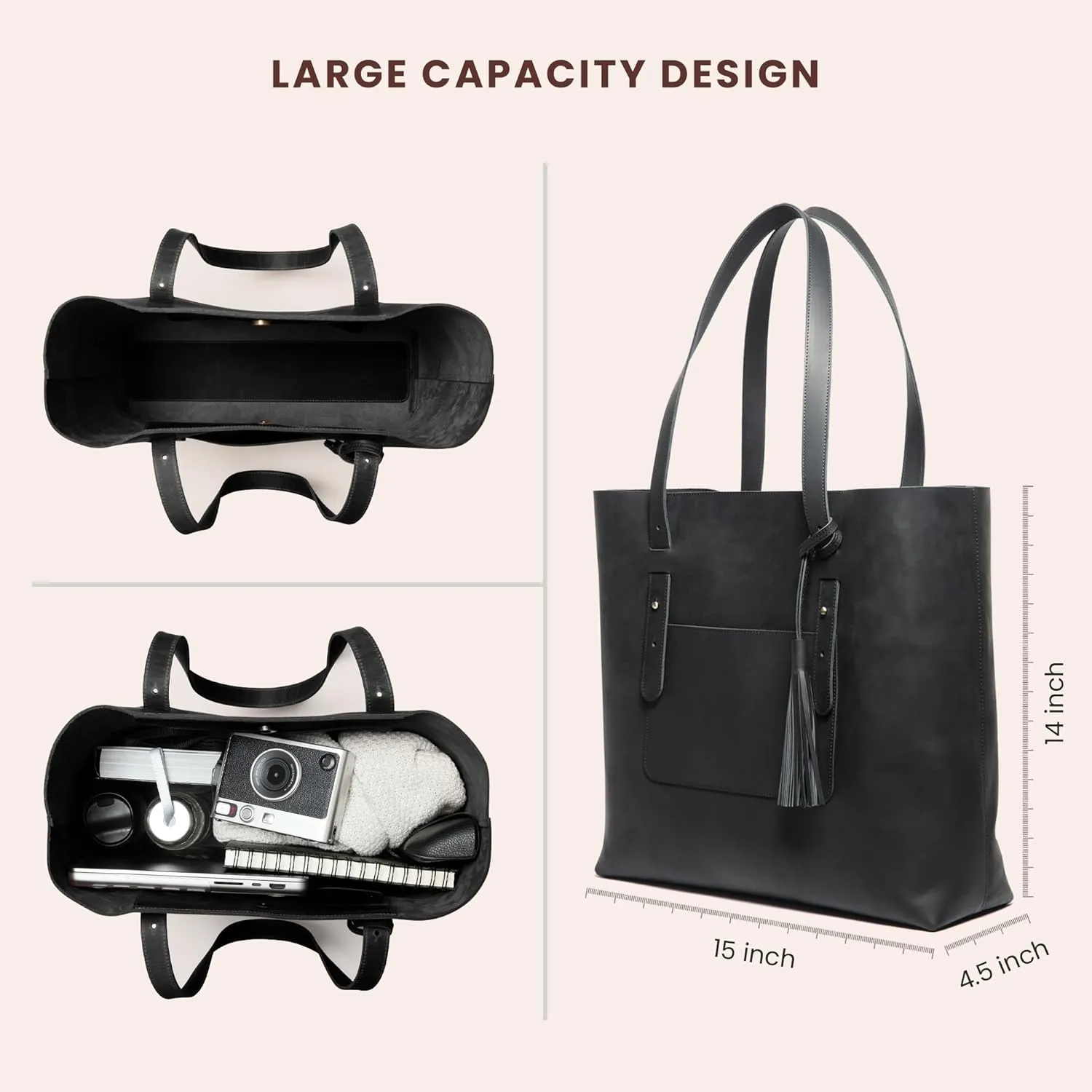 Personalized Handmade Genuine Leather Tote Bag, Black, Large