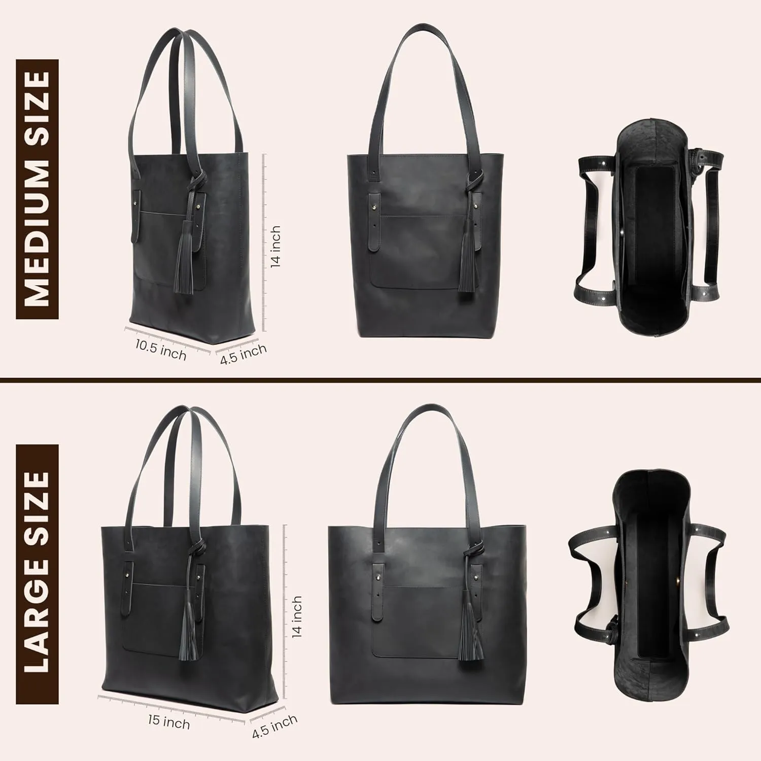 Personalized Handmade Genuine Leather Tote Bag, Black, Large